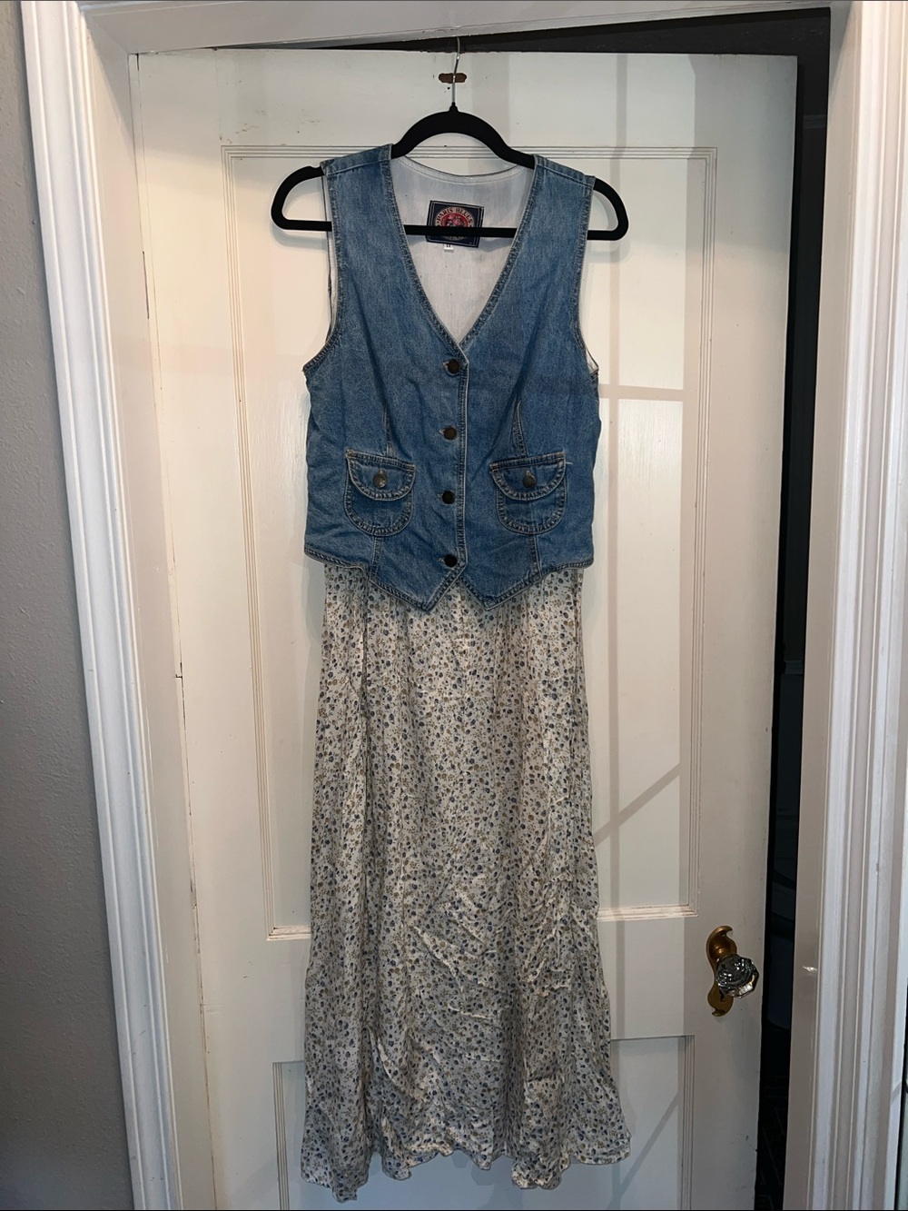 Vintage 90s Denim vest top floral maxi skirt dress size 11